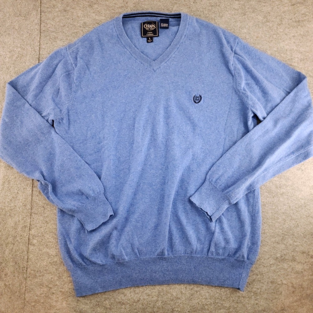 Chaps Mens Large Light Blue Cotton Cashmere V-Neck Pullover Sweater EST 1978